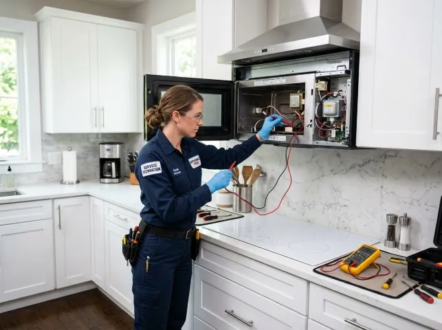 Appliance Repair Hero technician testing an over-the-range microwave in a Altadena, CA kitchen